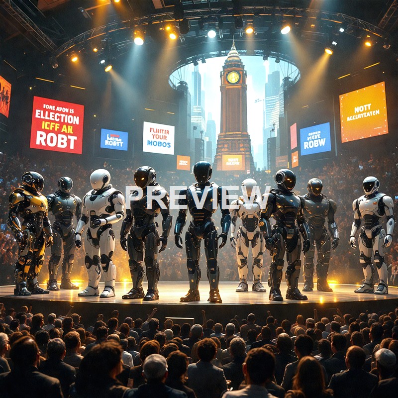 A group of humanoid robots standing on a stage in front of a large audience with a cityscape and clock tower in the background, illuminated by stage lights.